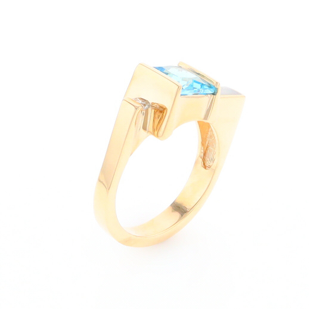 Gold Quartz Ring Rectangle Inlay Swiss Blue Topaz .06ct Round Diamond