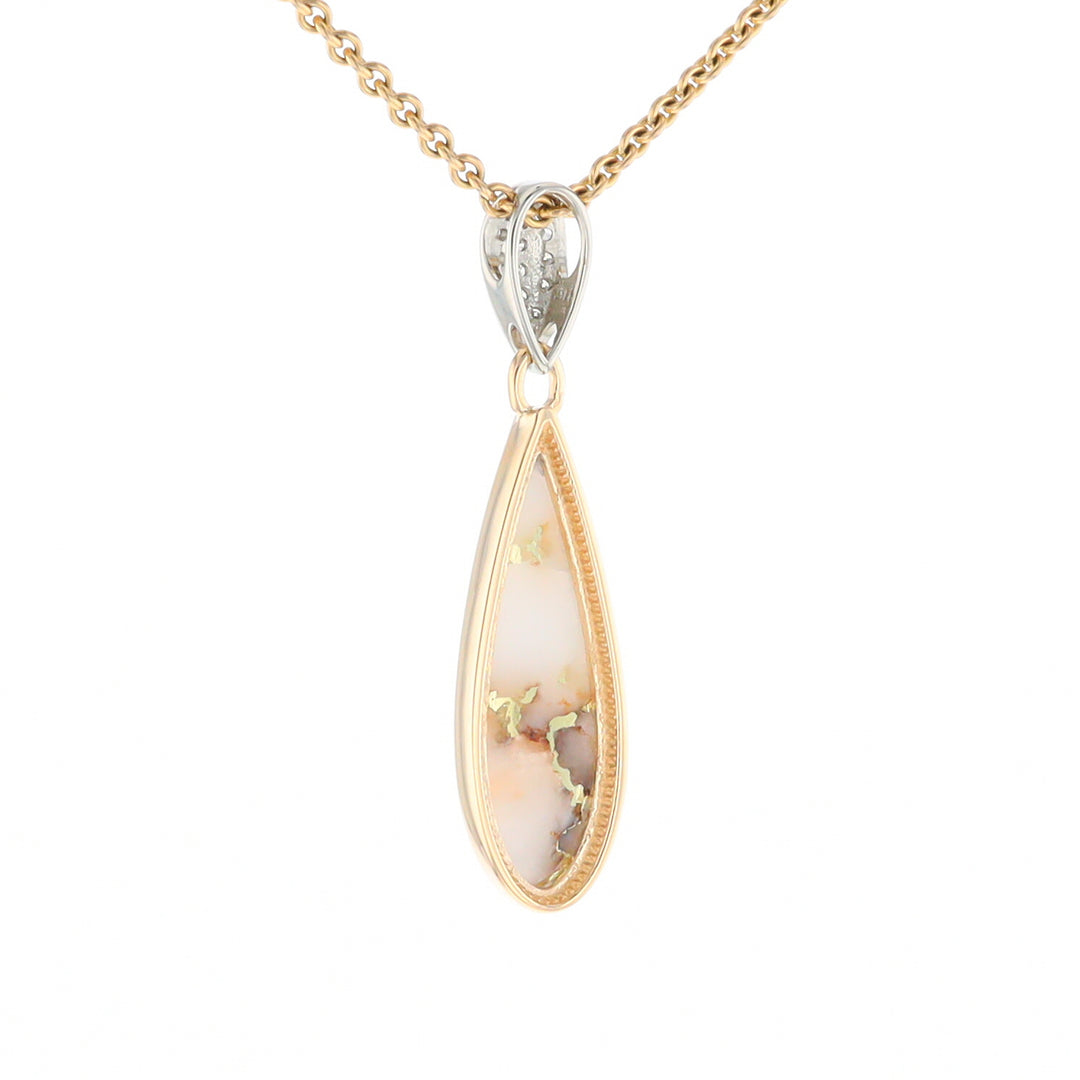 Gold Quartz Necklace, Tear Drop Inlaid Design with .11ctw Diamond Pave Pendant