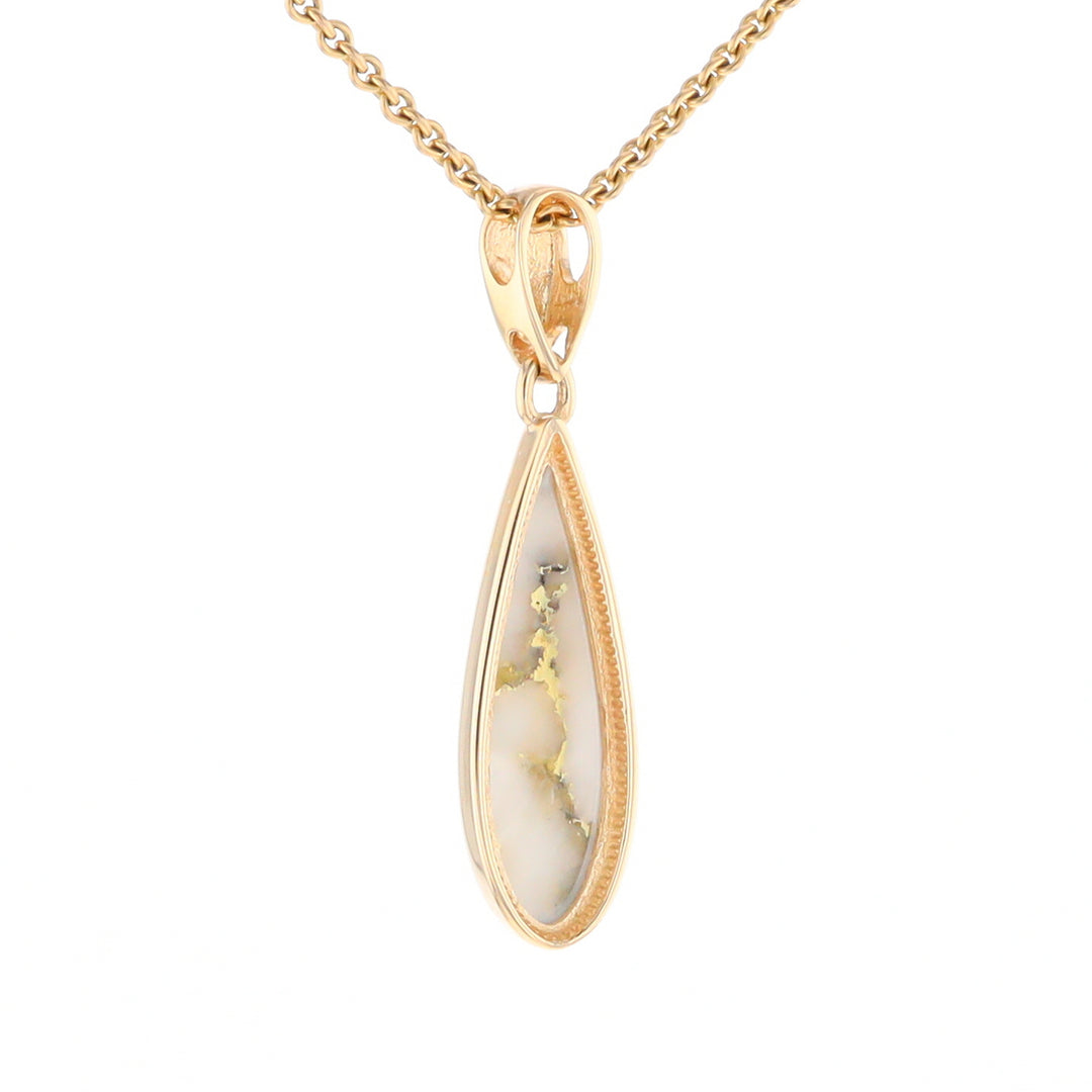 Gold Quartz Pendant Tear Drop Inlaid Design G2