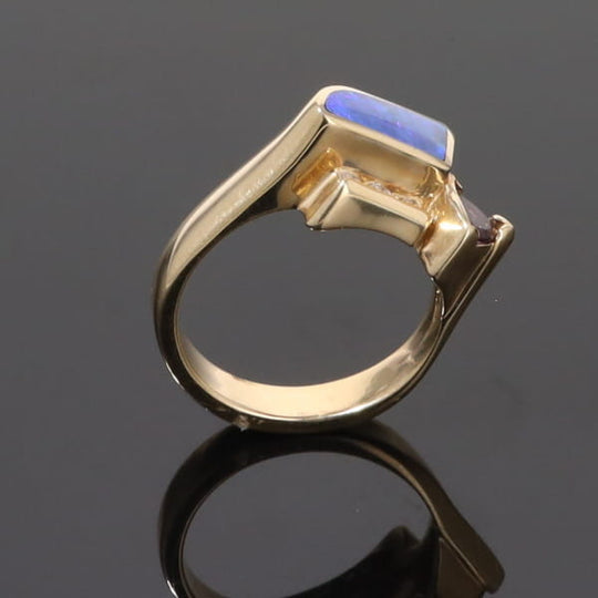 Opal Rings Geometric Inlaid with Amethyst and .08ctw Diamonds