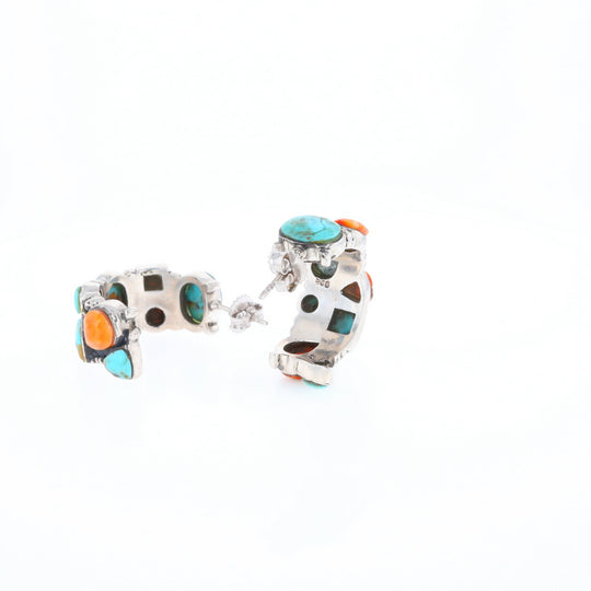 Turquoise & Spiny Oyster Semi-Hoop Stud Earrings