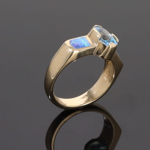 Opal Rings 2 Section Inlaid Design with Oval Swiss Blue Topaz Center