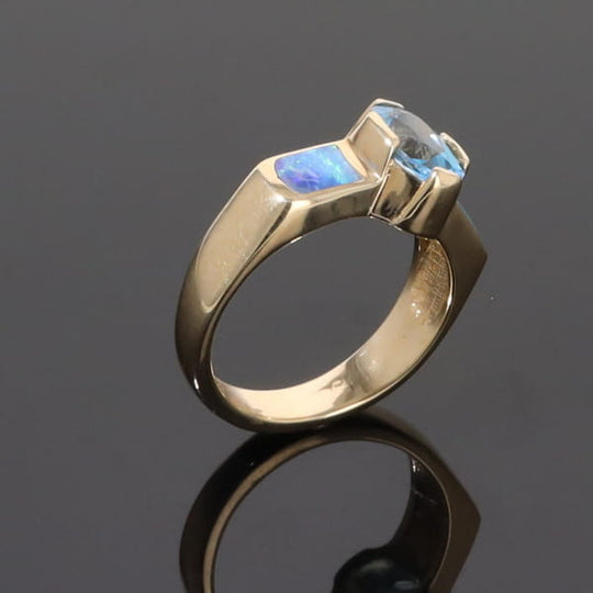 Opal Rings 2 Section Inlaid Design with Oval Swiss Blue Topaz Center
