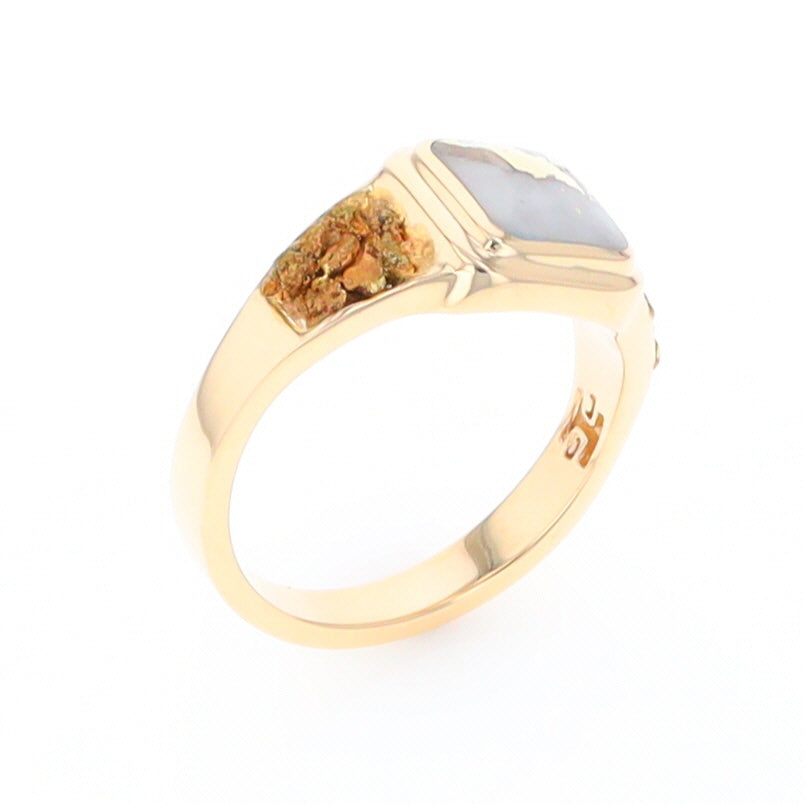 Gold Quartz Ring Square Inlaid Design Double Natural Nugget Sides