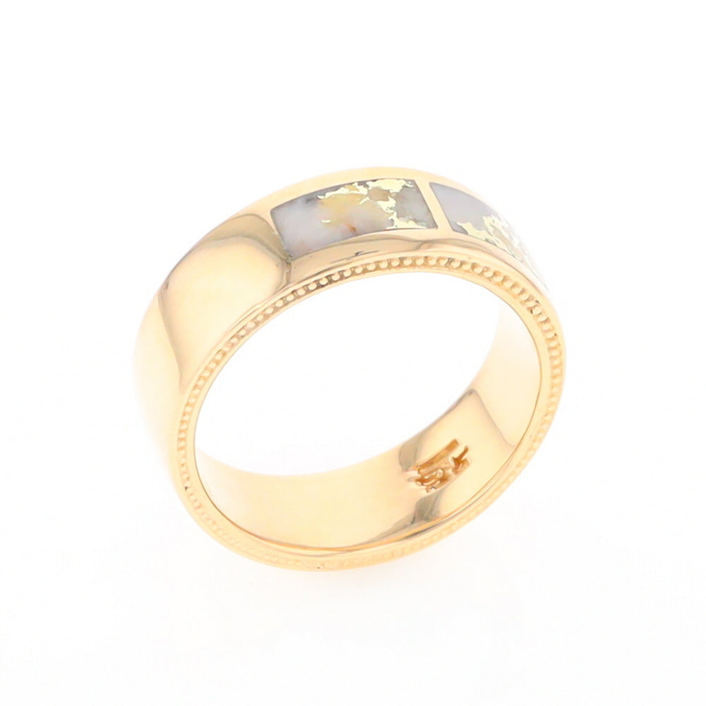 Gold Quartz Ring 3 Section Rectangle Inlaid Band with Milgrain Design