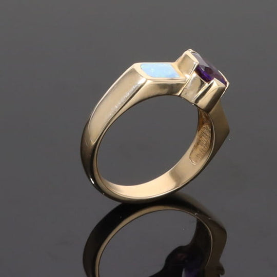 Opal Rings 2 Section Inlaid Design with Oval Amethyst Center