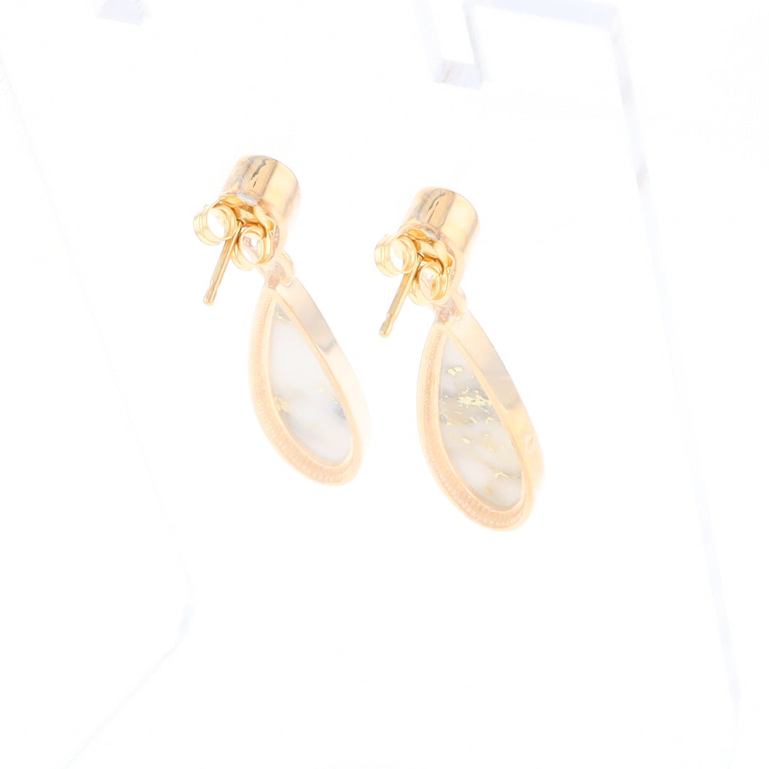 Gold Quartz Earrings Tear Drop Inlaid Design
