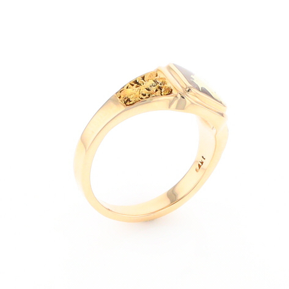 Gold Quartz Ring Square Inlaid Design Double Natural Nugget Sides