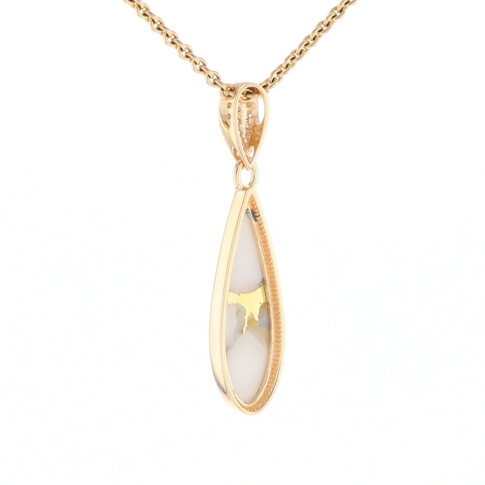 Gold Quartz Necklace, Tear Drop Inlaid Design with 0.11ctw Diamond Pave Pendant G2