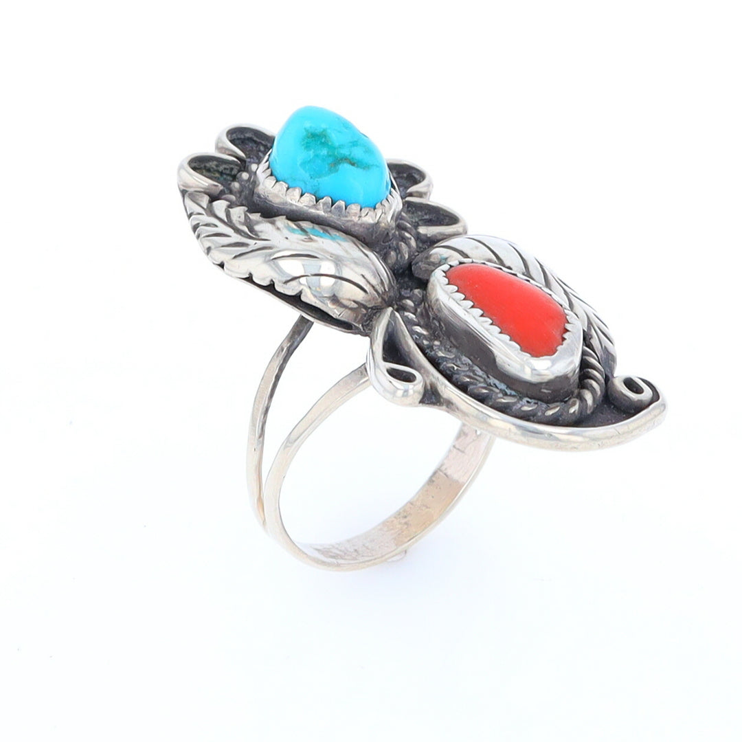 Freeform Turquoise and Coral Sterling Silver Double Leaf Ring