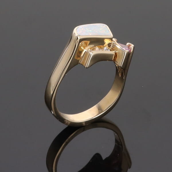 Opal Rings Geometric Inlaid with Pink Sapphire and .08ctw Diamonds