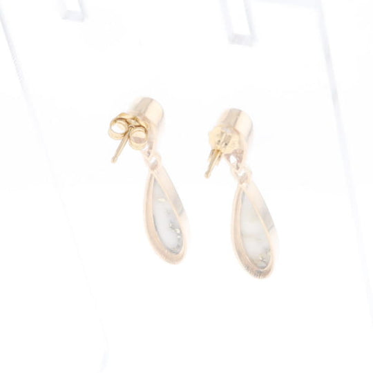 Gold Quartz Earrings Tear Drop Inlaid Design