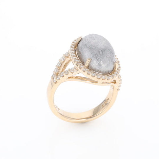 Meteorite Ring Oval Cabochon 0.65ctw Round Diamonds Halo
