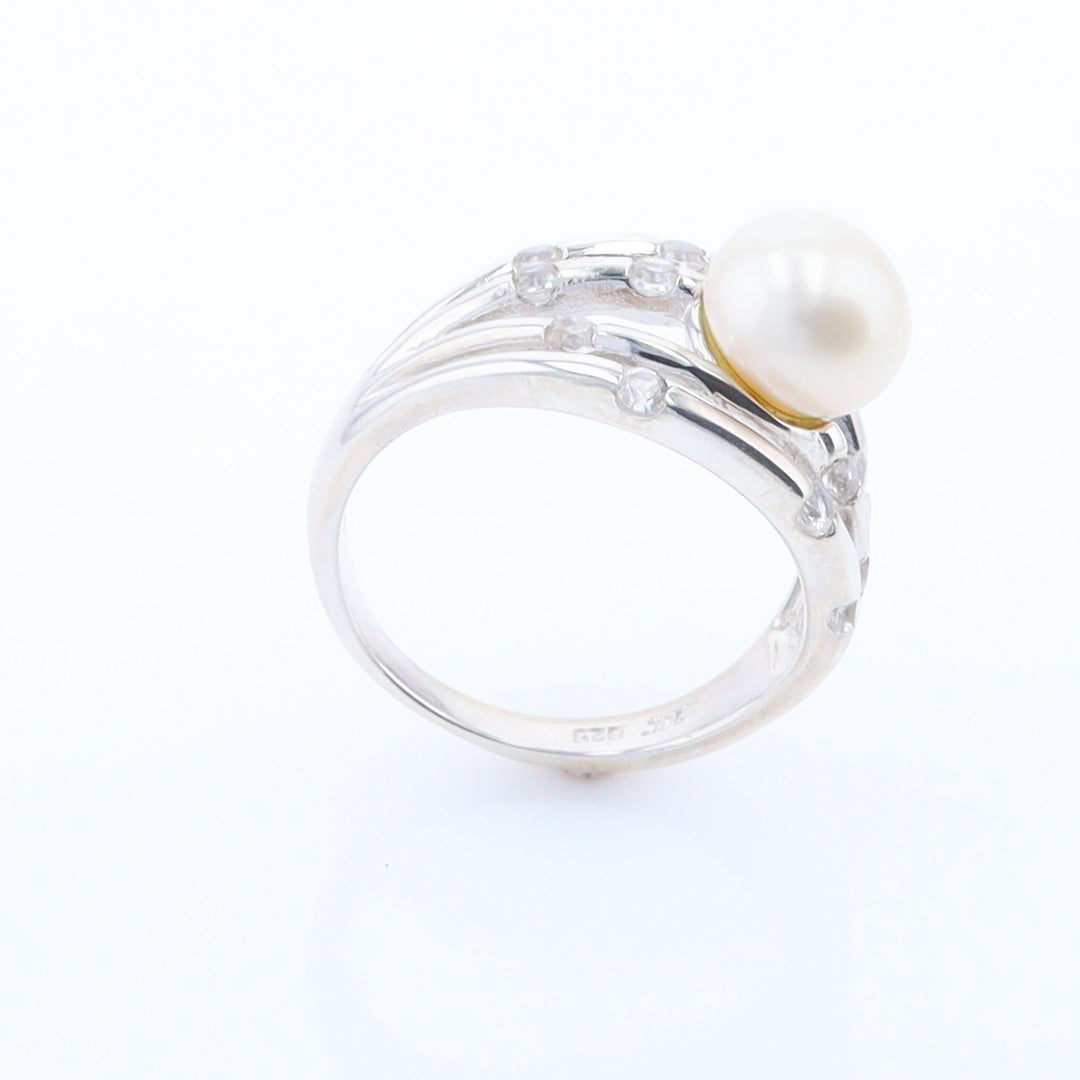 Pearl Bamboo Ring with Cubic Zirconia Accents