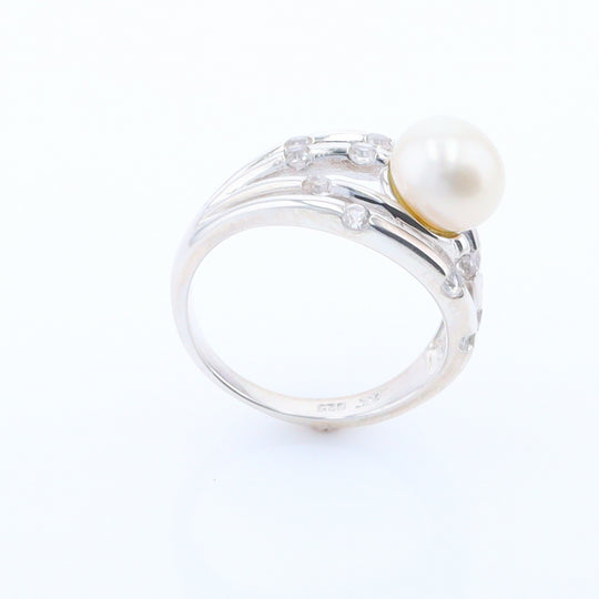 Pearl Bamboo Ring with Cubic Zirconia Accents