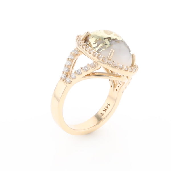 Gold Quartz Ring Oval Cabochon 0.65ctw Round Diamonds Halo