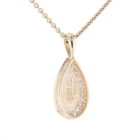 Gold Quartz Pendant Tear Drop Inlaid .42ctw Diamond Halo Design