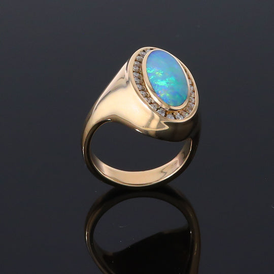 Opal Rings Oval Inlaid Design with .36ctw Round Diamonds Halo