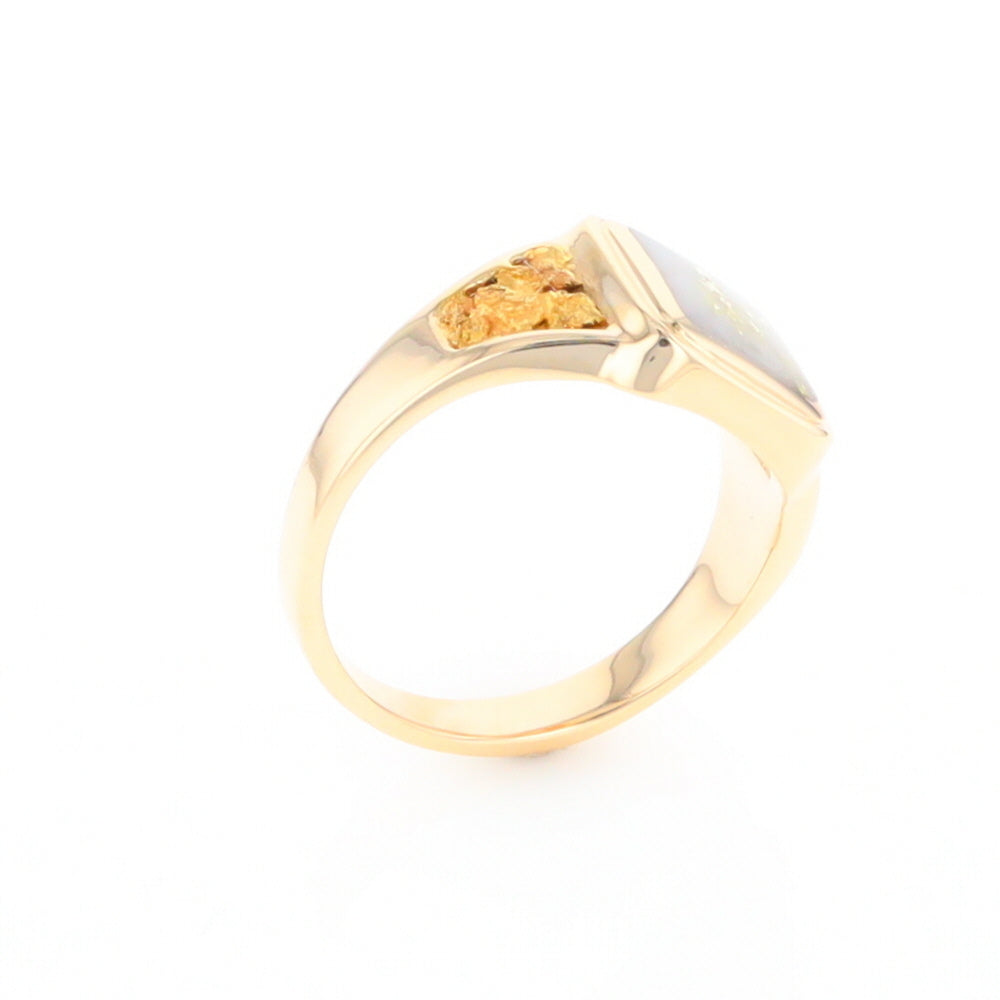 Gold Quartz Ring Square Inlaid Center Design with Natural Nugget Sides