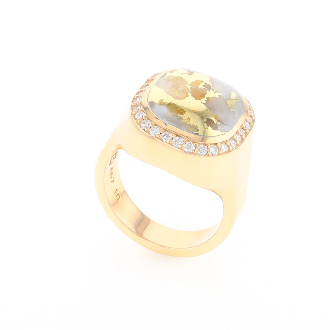 Gold Quartz Cushion Inlaid Men's Ring with Diamond Halo