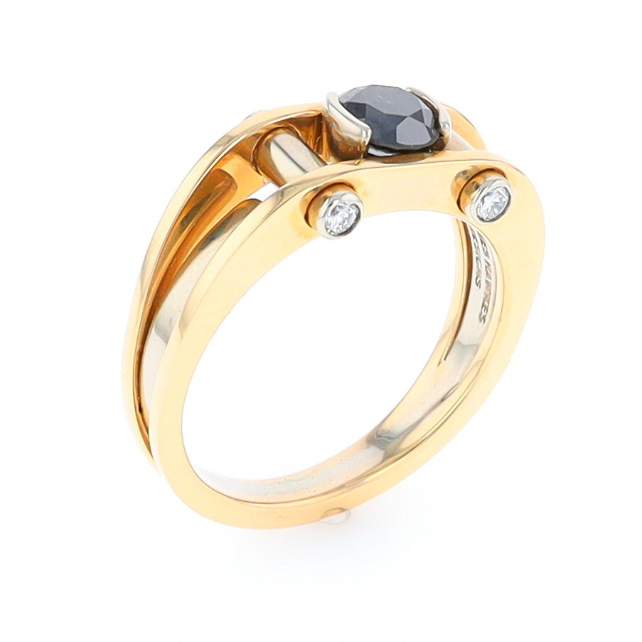 Men's Contemporary White and Yellow Gold Industrial Black Diamond Ring