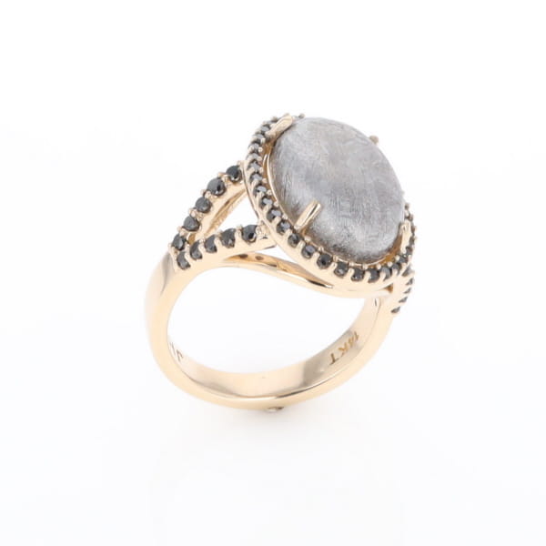 Meteorite Ring Oval Cabochon 0.65ctw Round Black Diamonds Halo