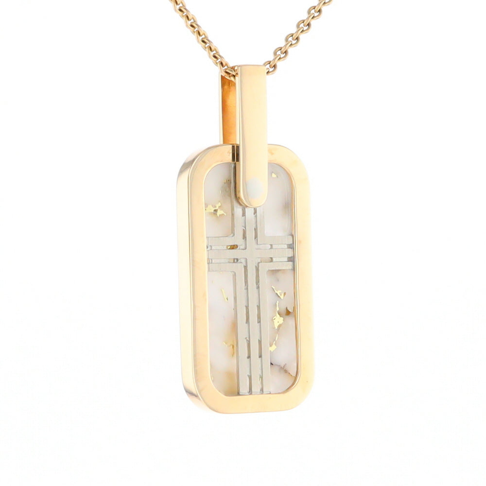 Gold Quartz Necklace Dog Tag Double Sided Inlaid Cross Pendant