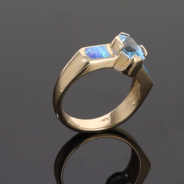 Opal Rings 2 Section Inlaid Design with Oval Swiss Blue Topaz Center