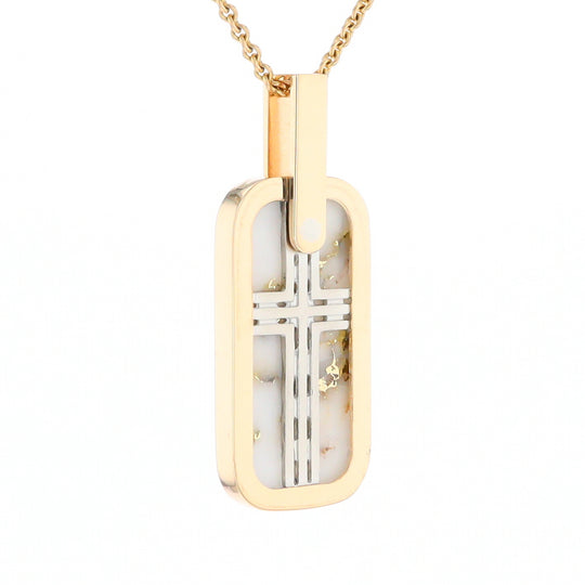 Gold Quartz Necklace Dog Tag Double Sided Inlaid Cross Pendant