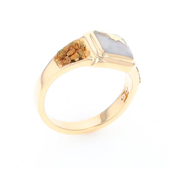 Gold Quartz Ring Square Inlaid Design Double Natural Nugget Sides