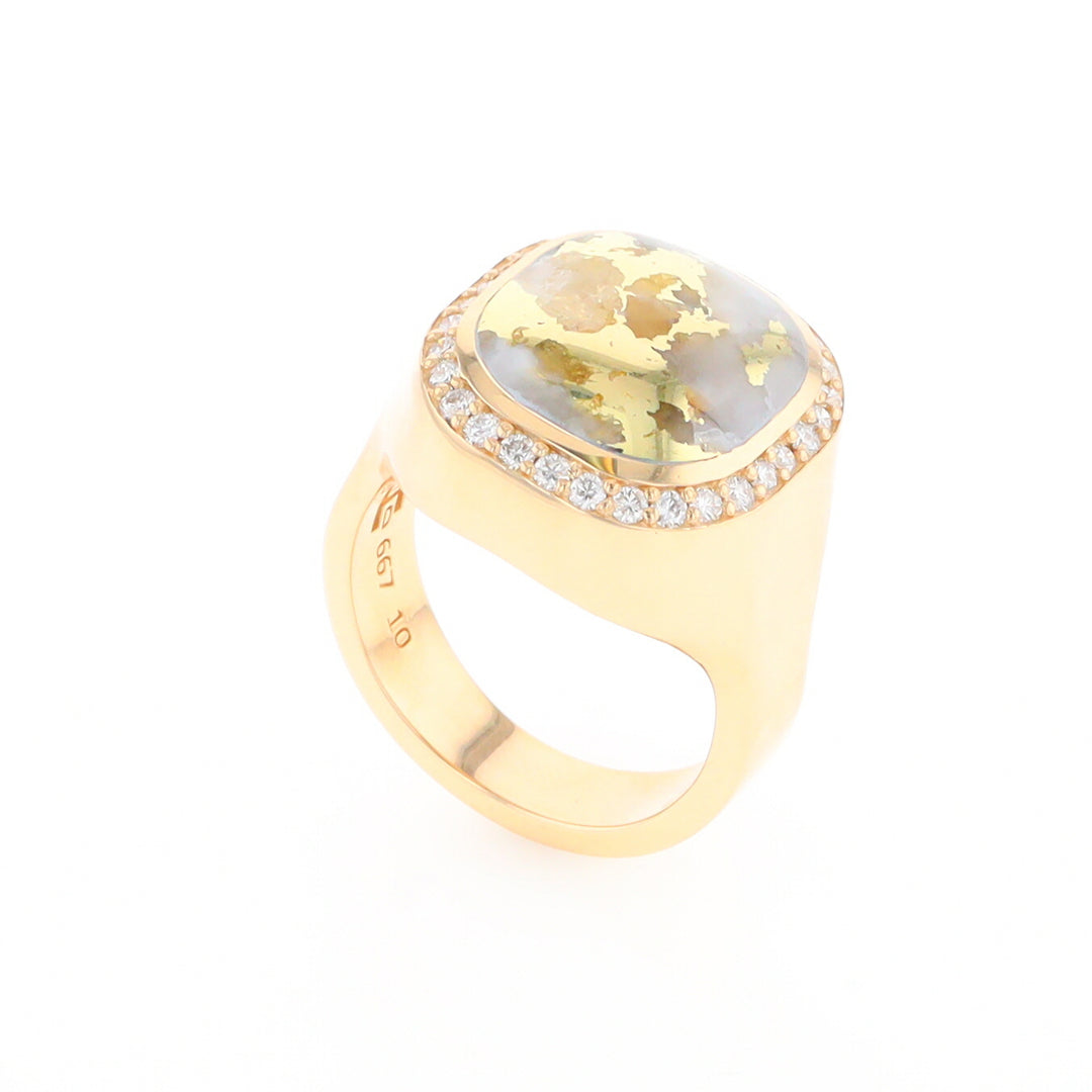 Gold Quartz Cushion Inlaid Men's Ring with Diamond Halo