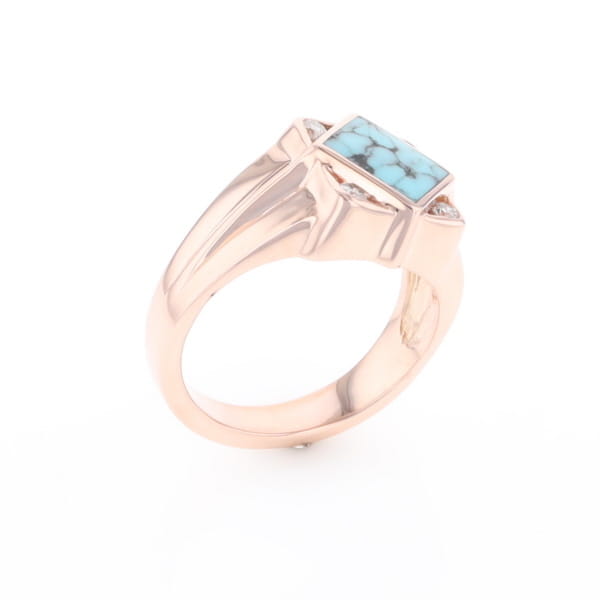 Natural Turquoise ring diamond shape inlaid design with .16ctw round diamonds