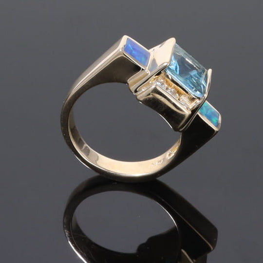 Opal Rings Inlaid Sides Swiss Blue Topaz Center with .24ctw Diamonds
