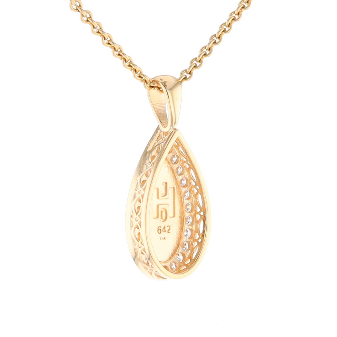 Gold Quartz Pendant Tear Drop Inlaid .42ctw Diamond Halo Design