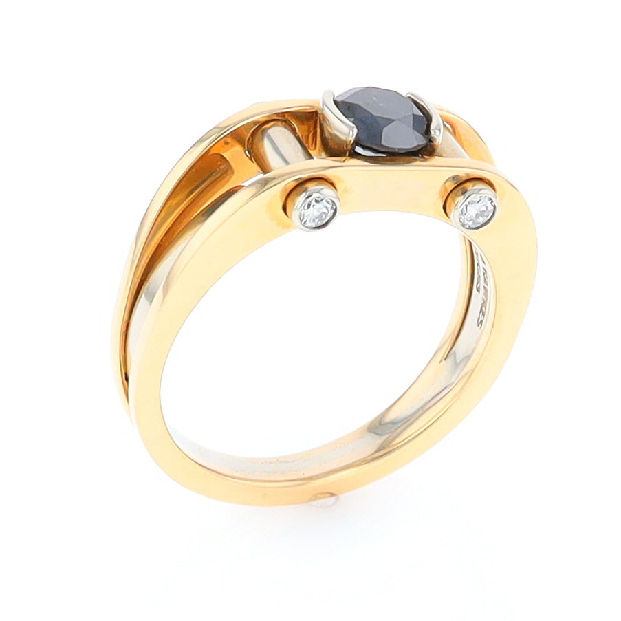 Men's Contemporary White and Yellow Gold Industrial Black Diamond Ring