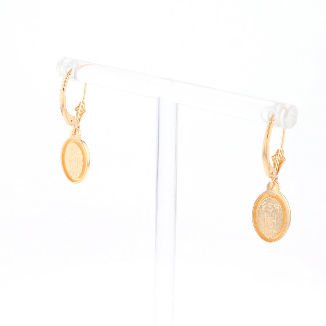 Gold Quartz Earrings Oval Inlaid Design Lever Backs - G2