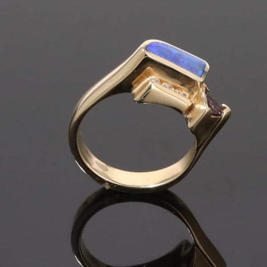 Opal Rings Geometric Inlaid with Amethyst and .08ctw Diamonds