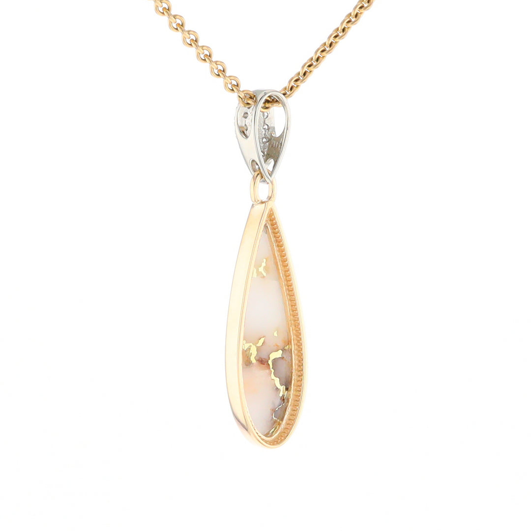 Gold Quartz Necklace, Tear Drop Inlaid Design with .11ctw Diamond Pave Pendant