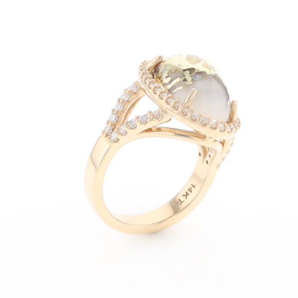 Gold Quartz Ring Oval Cabochon 0.65ctw Round Diamonds Halo