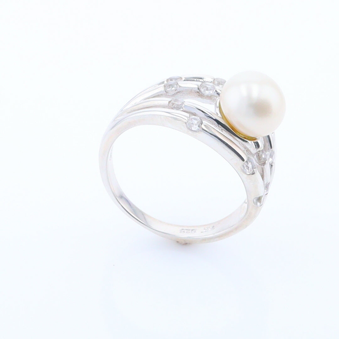 Pearl Bamboo Ring with Cubic Zirconia Accents