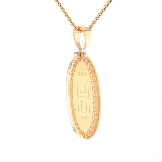 Gold Quartz Necklace .54ctw Halo Diamond Oval Inlaid Pendant