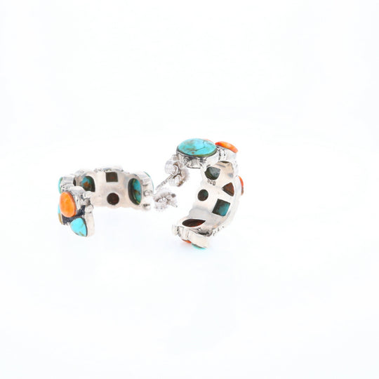 Turquoise & Spiny Oyster Semi-Hoop Stud Earrings