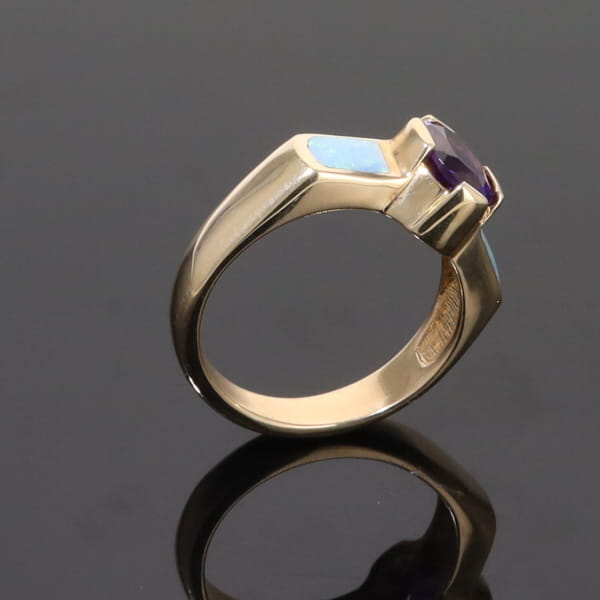 Opal Rings 2 Section Inlaid Design with Oval Amethyst Center