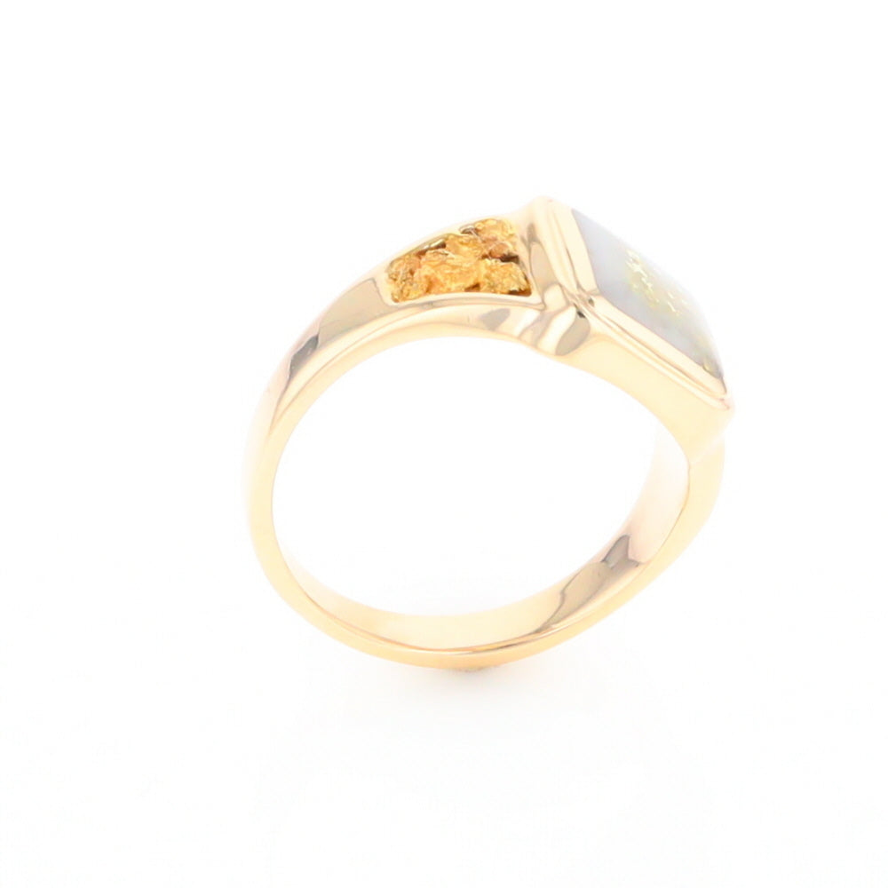 Gold Quartz Ring Square Inlaid Center Design with Natural Nugget Sides