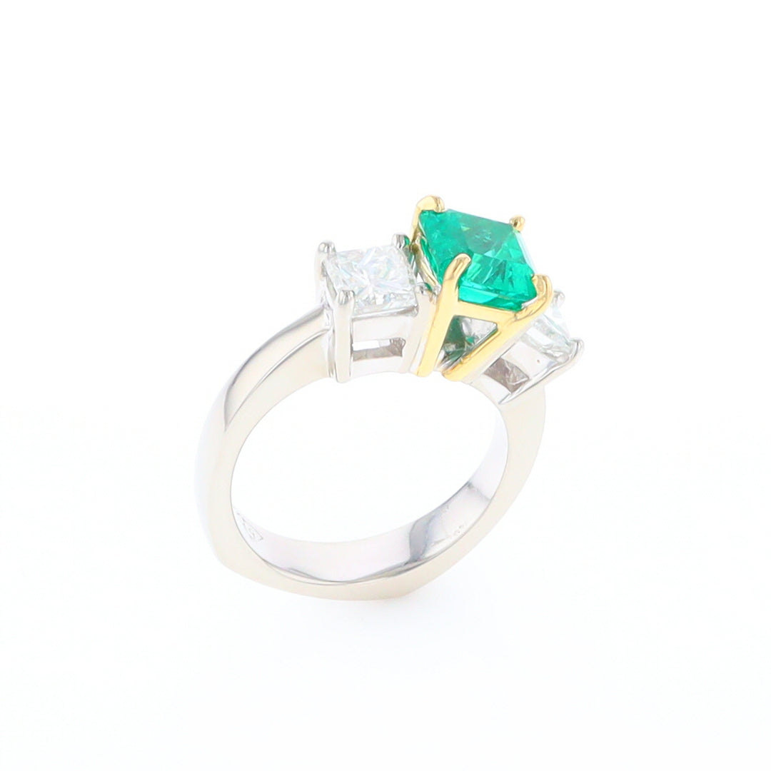 Three-Stone-Row Emerald and Diamond Ring