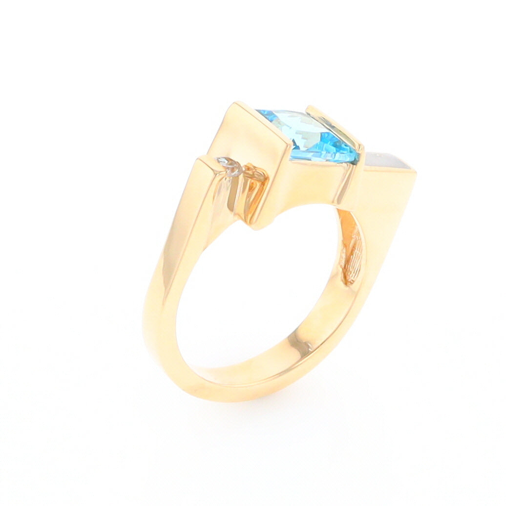 Gold Quartz Ring Rectangle Inlay Swiss Blue Topaz .06ct Round Diamond