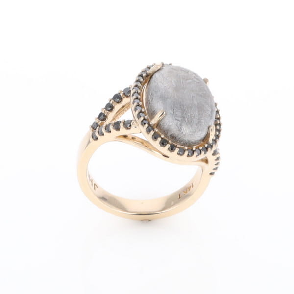 Meteorite Ring Oval Cabochon 0.65ctw Round Black Diamonds Halo