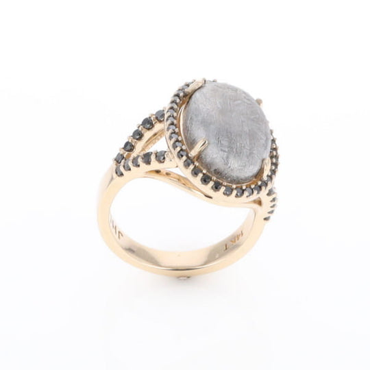 Meteorite Ring Oval Cabochon 0.65ctw Round Black Diamonds Halo