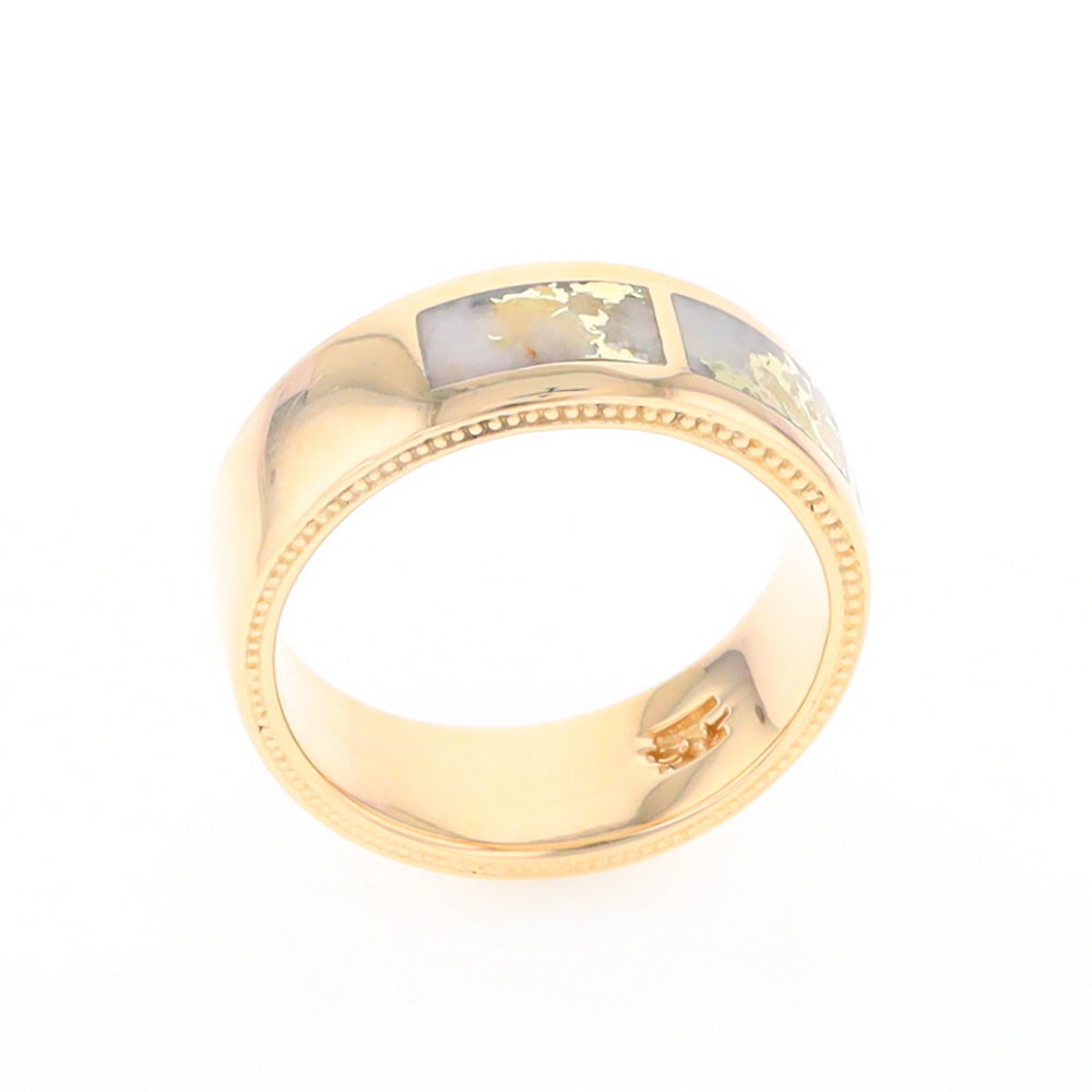 Gold Quartz Ring 3 Section Rectangle Inlaid Band with Milgrain Design