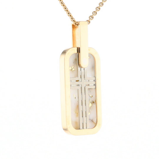 Gold Quartz Necklace Dog Tag Double Sided Inlaid Cross Pendant